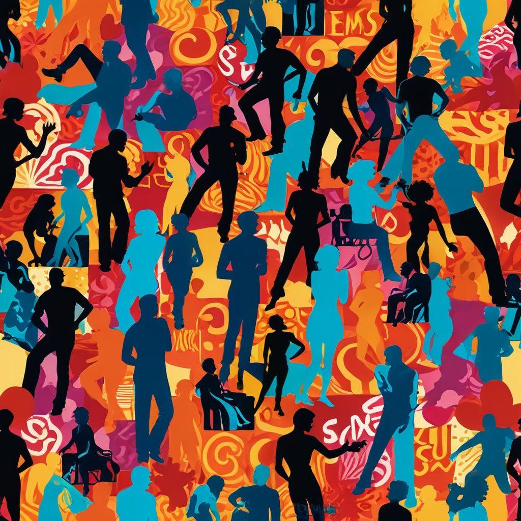 A vibrant and colorful collage representing the diverse aspects of sexual expression, blending iconic imagery from adult cinema, artistic depictions of intimacy, and abstract symbols of sexuality. Include silhouettes of diverse couples in passionate poses, film reels, and vibrant abstract patterns that evoke emotion and liberation. Create a sense of inclusivity and exploration, with a harmonious blend of colors. bold and lively. vector art. 