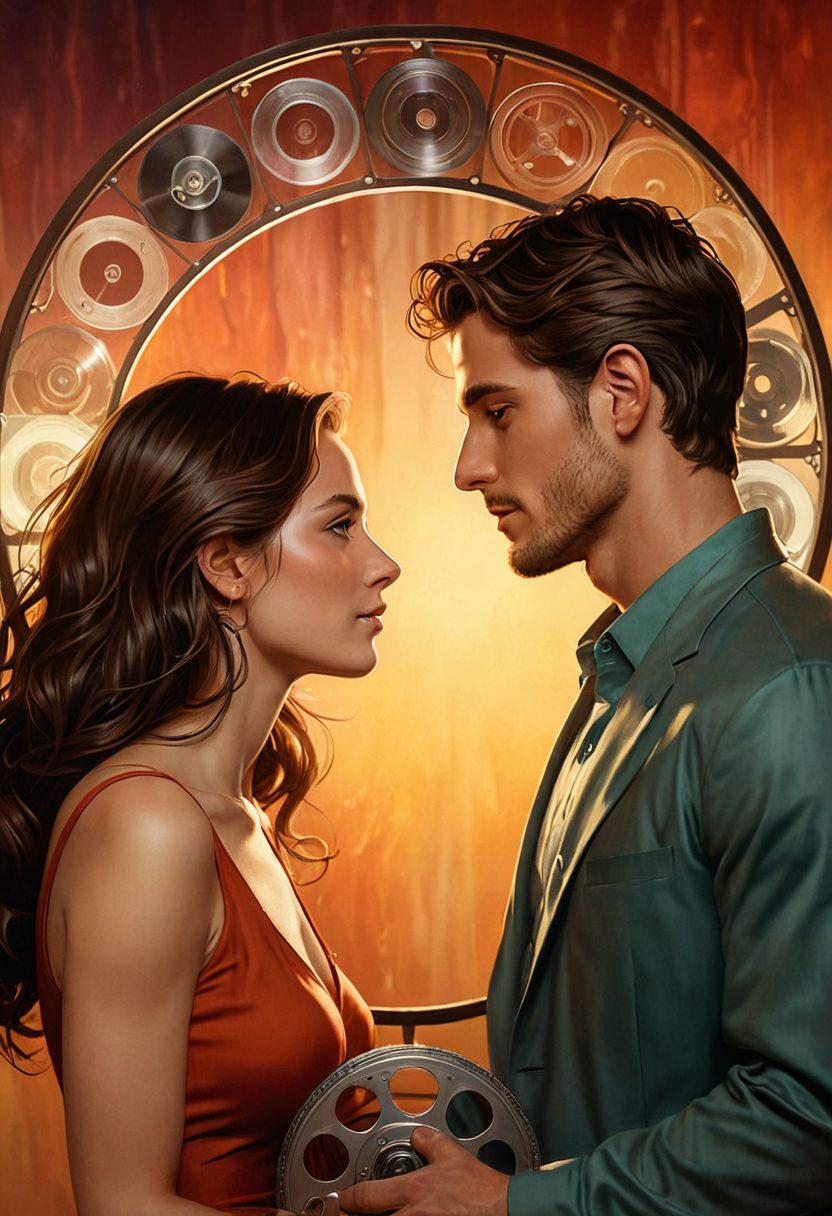 A thought-provoking illustration depicting a film reel unspooling with images of diverse couples engaging in intimate moments, blending sensory elements of kink and consent. Overlay subtle symbols of communication, like speech bubbles, to emphasize the dialogue around intimacy. Use warm hues to create a welcoming atmosphere alongside soft lighting for depth. A mix of realism and stylization to contrast fantasy and reality in adult film. super-realistic. vibrant colors. soft focus.